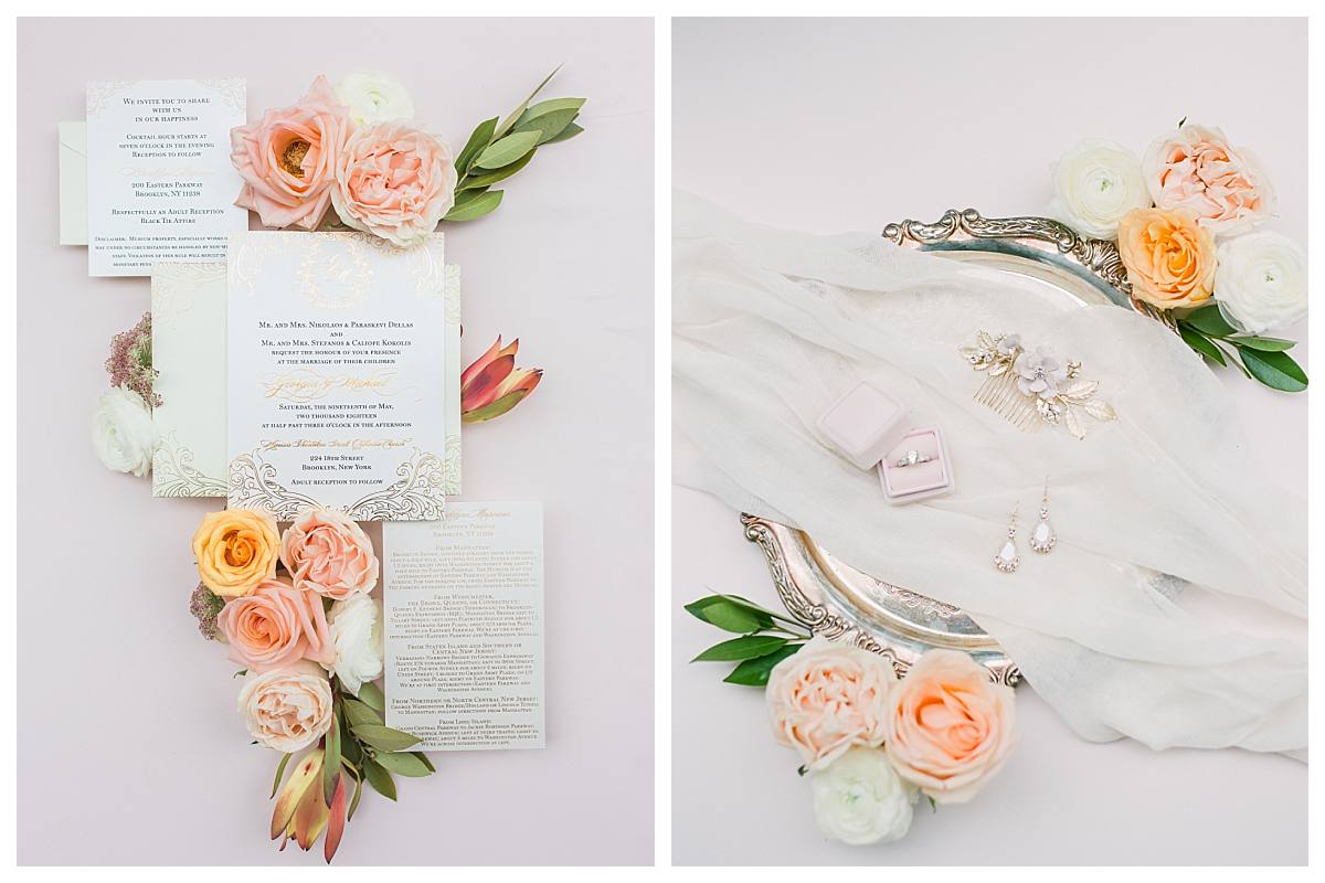 Pastel wedding invitation with bridal jewelry